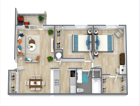 Floor plan for 2 beds, 1 bath, 960 sqft